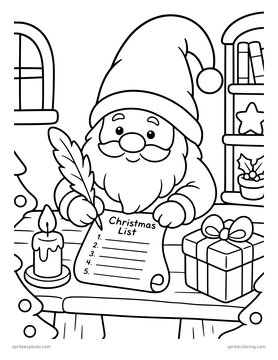 Printable adult coloring page: gnome writing a christmas list.