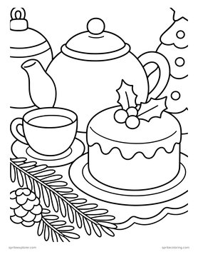 Printable adult coloring page: teapot and a holiday cake.