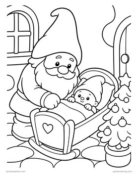 Printable adult coloring page: gnome rocking a cradle.