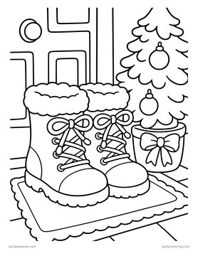 Printable adult coloring page: boots beside a potted pine.