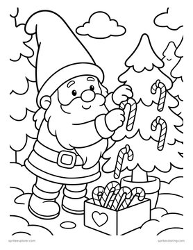 Printable adult coloring page: gnome hanging candy canes.