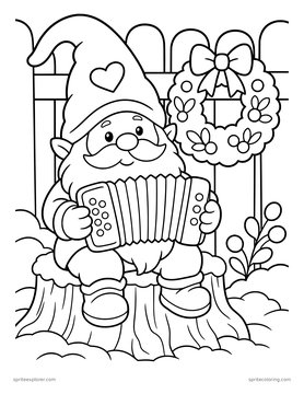 Printable adult coloring page: gnome playing the accordion.