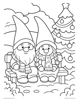 Printable adult coloring page: two gnomes on a bench.