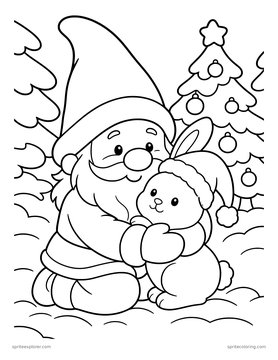 Printable adult coloring page: gnome hugging a bunny.