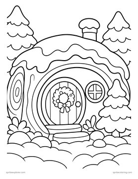 Printable adult coloring page: hollow log cottage.