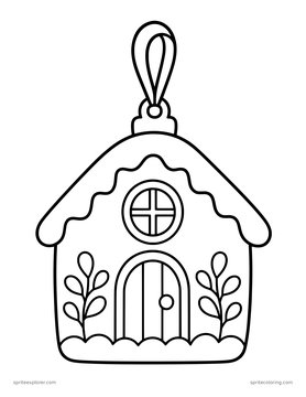 Printable adult coloring page: gingerbread house ornament.