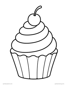 Printable adult coloring page: cupcake with a cherry.