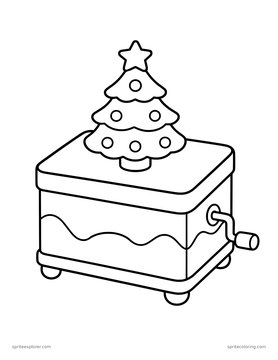 Printable adult coloring page: music box with a little tree.