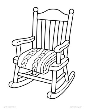 Printable adult coloring page: rocking chair with a blanket.