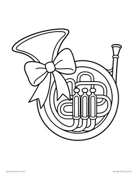 Printable adult coloring page: french horn with a bow.
