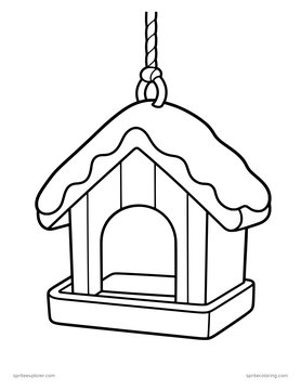 Printable adult coloring page: snowy bird feeder.