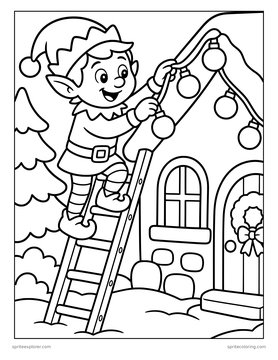 Printable Christmas coloring page for kids: elf hanging lights on a cottage.
