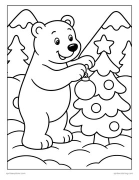 Printable Christmas coloring page for kids: polar bear decorating a tree.
