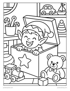 Printable Christmas coloring page for kids: elf in a toy box.