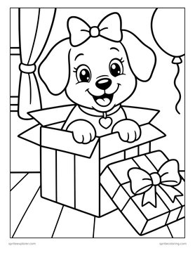 Printable Christmas coloring page for kids: puppy in a present box.