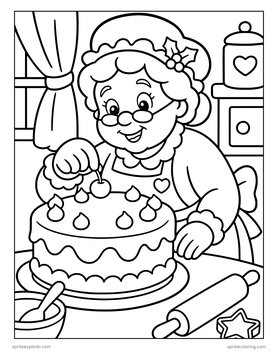 Printable Christmas coloring page for kids: mrs. claus decorating a cake.