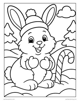 Printable Christmas coloring page for kids: arctic hare in mittens.