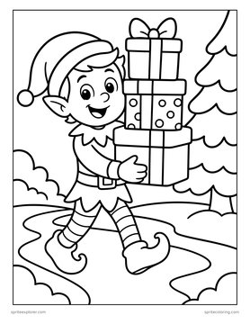 Printable Christmas coloring page for kids: elf carrying a stack of presents.