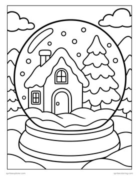 Printable Christmas coloring page for kids: snow globe cottage.