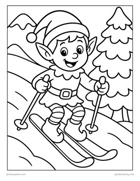 Printable Christmas coloring page for kids: elf on skis.