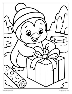 Printable Christmas coloring page for kids: penguin wrapping a gift.