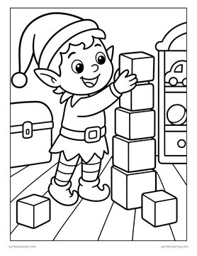 Printable Christmas coloring page for kids: elf stacking blocks.