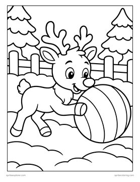 Printable Christmas coloring page for kids: reindeer with a ball.