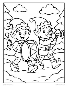 Printable Christmas coloring page for kids: elf marching band.