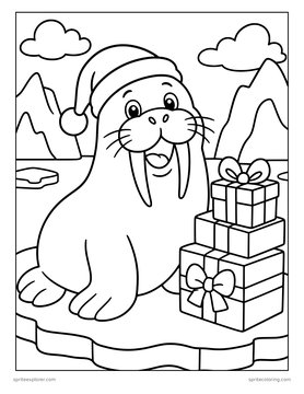 Printable Christmas coloring page for kids: walrus in a santa hat.