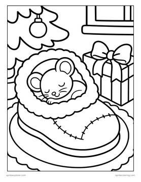 Printable Christmas coloring page for kids: mouse asleep in a slipper.