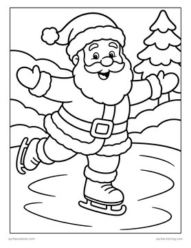 Printable Christmas coloring page for kids: santa ice skating.