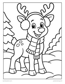 Printable Christmas coloring page for kids: reindeer in earmuffs.