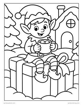 Printable Christmas coloring page for kids: elf with cocoa on a present.