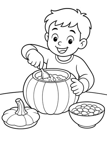 Printable Halloween coloring page for kids: carving a pumpkin.