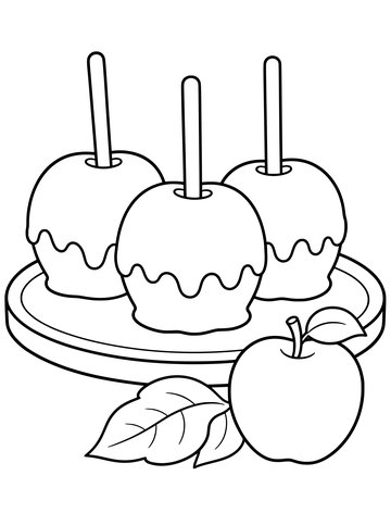 Printable Halloween coloring page for kids: caramel apples on a tray.