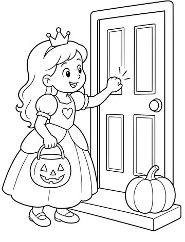 Printable Halloween coloring page for kids: princess at the front door.