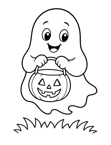 Printable Halloween coloring page for kids: little ghost with a candy bucket.
