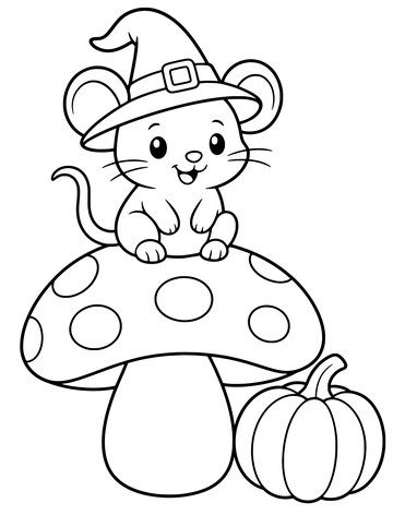 Printable Halloween coloring page for kids: mouse in a witch hat.