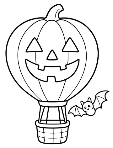 Printable Halloween coloring page for kids: jack-o’-lantern hot air balloon.