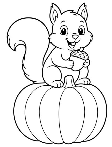 Printable Halloween coloring page for kids: squirrel with an acorn.