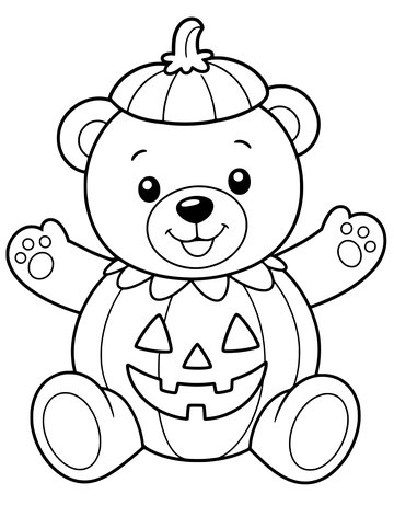 Printable Halloween coloring page for kids: teddy bear in a pumpkin costume.