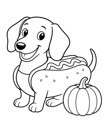 Printable Halloween coloring page for kids: dachshund in a hot dog costume.