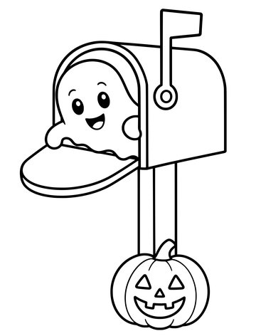 Printable Halloween coloring page for kids: ghost in the mailbox.