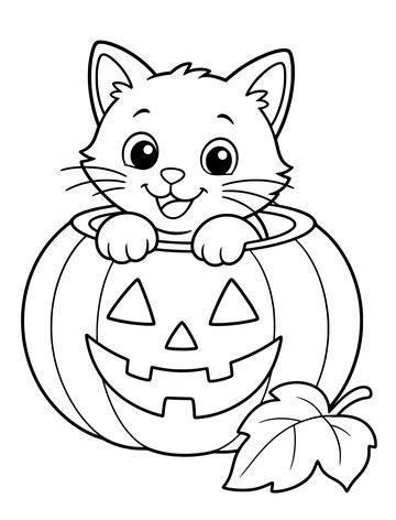 Printable Halloween coloring page for kids: kitten peeking out of a pumpkin.