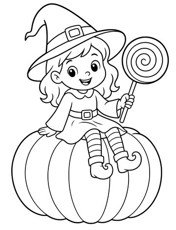 Printable Halloween coloring page for kids: little witch on a giant pumpkin.