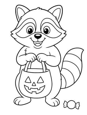 Printable Halloween coloring page for kids: raccoon with a candy bag.