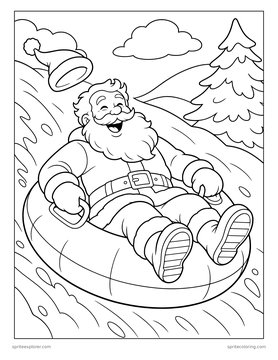 Printable Christmas coloring page for kids 8 to 12: santa on a snow tube.