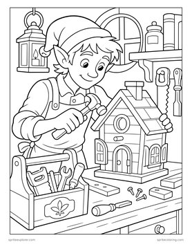 Printable Christmas coloring page for kids 8 to 12: elf building a birdhouse.
