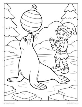 Printable Christmas coloring page for kids 8 to 12: seal balancing an ornament.