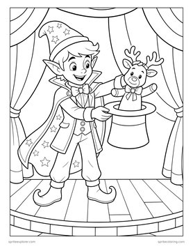 Printable Christmas coloring page for kids 8 to 12: elf magician with a reindeer in his hat.
